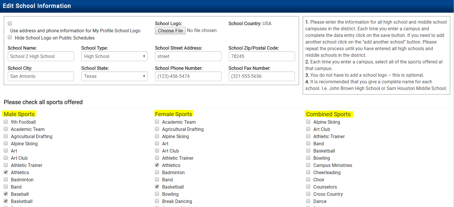 Edit School Information page showing Male, Female, and Combined Sports checkboxes