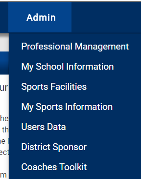 Admin dropdown menu showing My Sports Information option