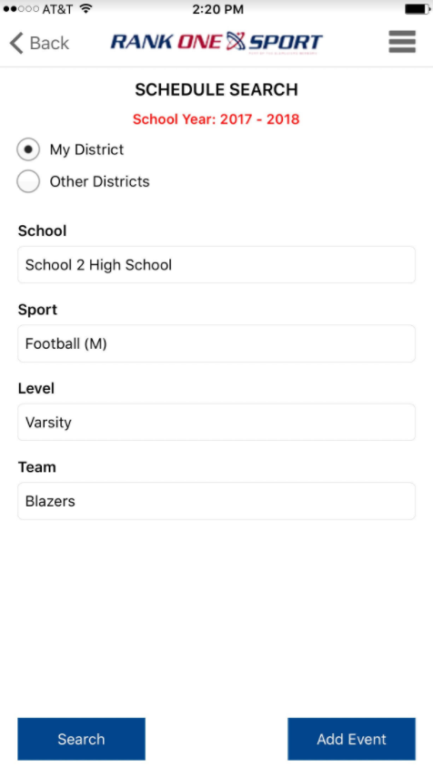 Schedule search screen with filter options