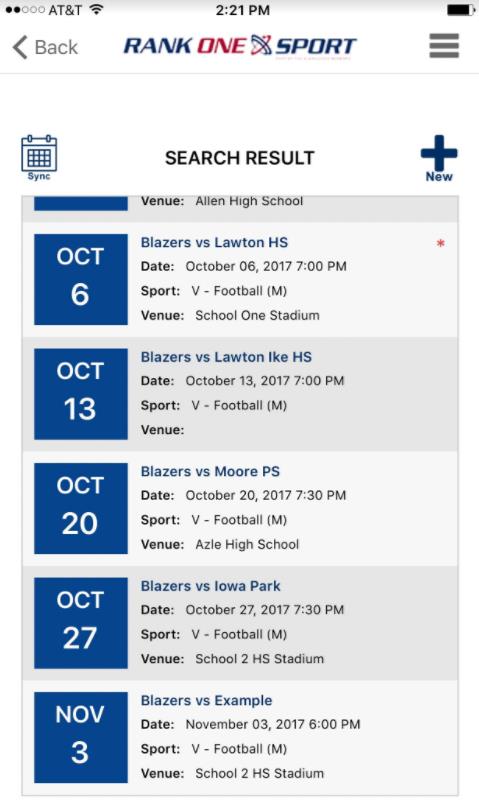 Full schedule search results list