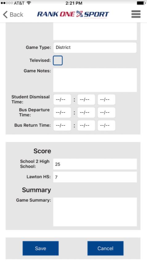 Game details screen showing Score and Summary fields at the bottom