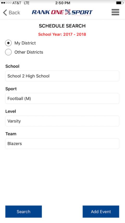 Schedule search form with School, Sport, Level, and Team fields