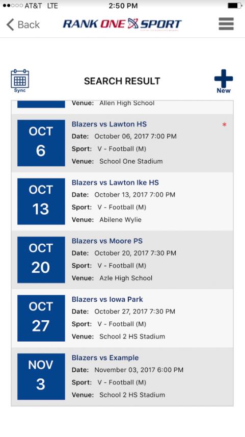 Schedule results showing list of upcoming games