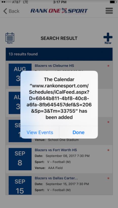 Calendar sync confirmation message