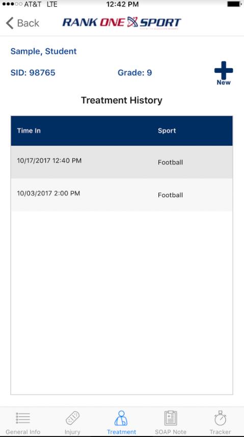Athlete treatment log with New button