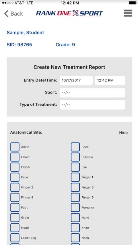 Athlete profile screen with Treatment option at bottom