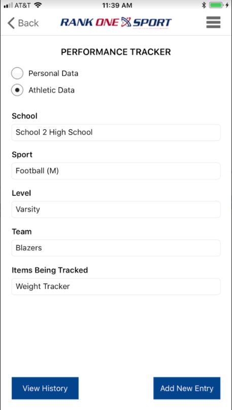 Performance Tracker selection screen with School, Sport, Level, Team, and Item fields