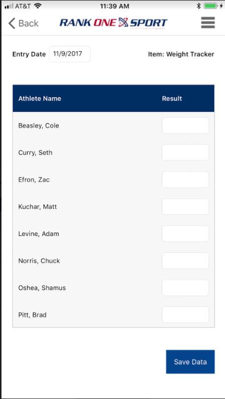 Data entry screen showing athlete names and result fields with Save Data button