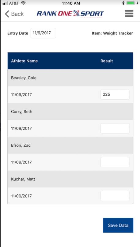 View History screen showing previous entries with edit and Save Data options