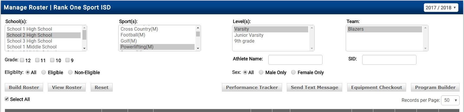 Manage Roster page showing School, Sport, Level, and Team selection dropdowns