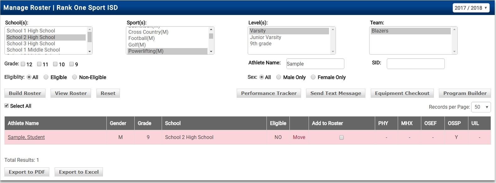 Build Roster tab showing a searched student with the Add to Roster checkbox