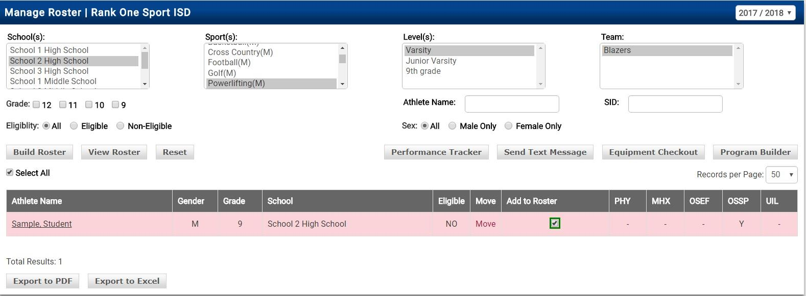 View Roster tab showing the completed roster with added athletes