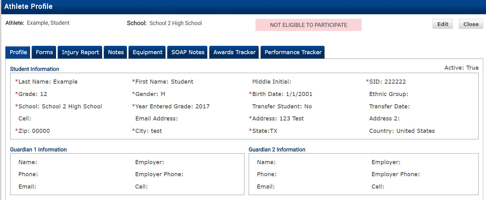 Athlete Profile page showing student information and tabs