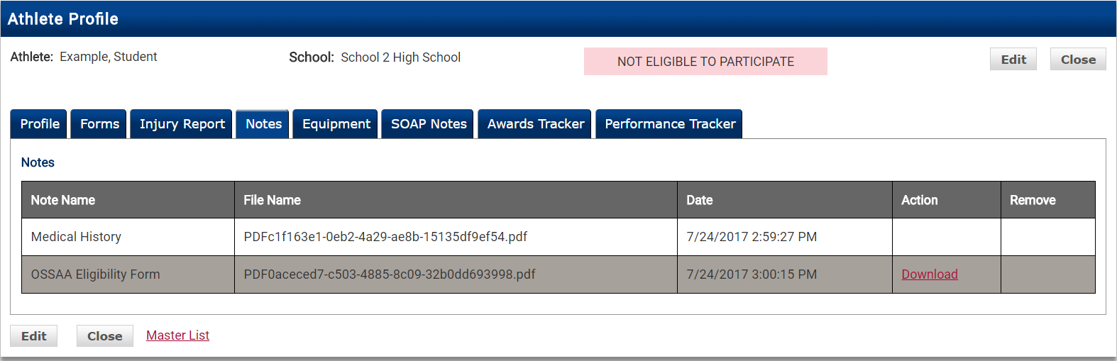 Athlete Profile with the Notes tab selected showing existing notes
