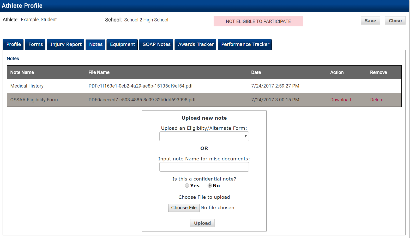 Upload new note dialog with form type dropdown and file chooser
