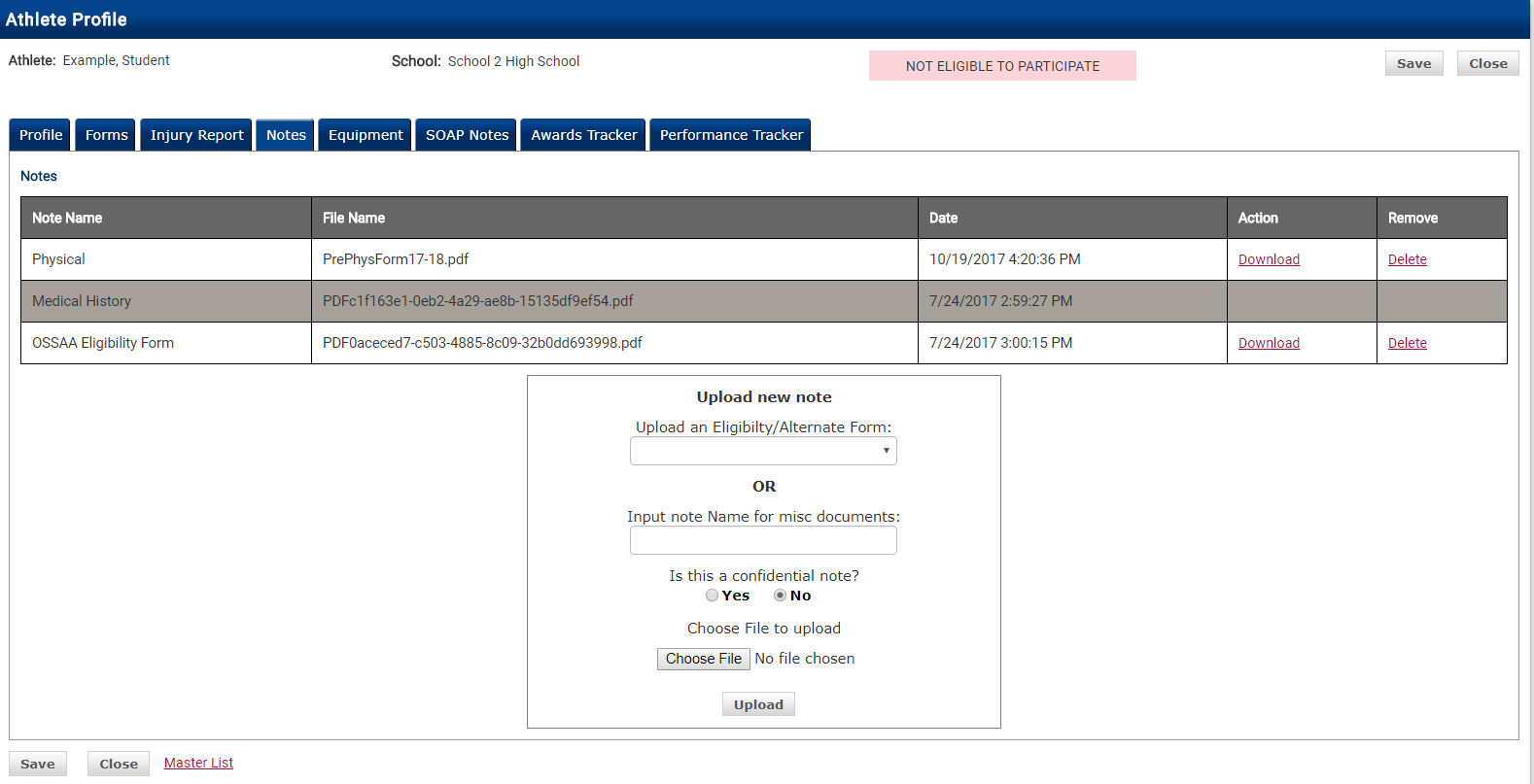 Notes tab showing the uploaded physical form in the list