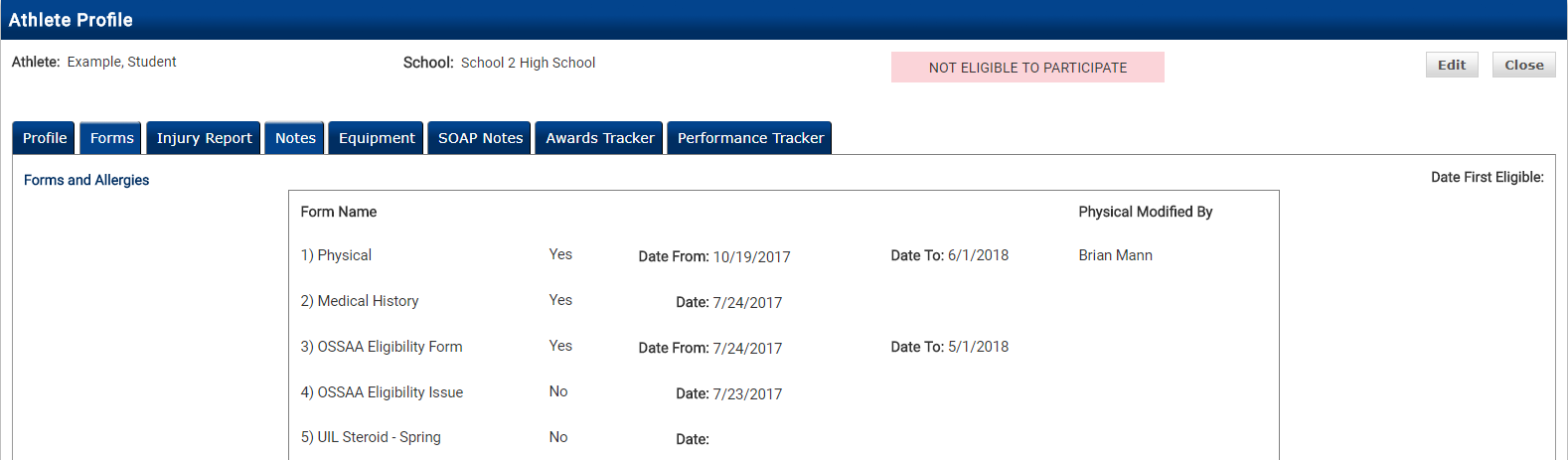 Forms tab showing the Physical form marked as Yes with dates