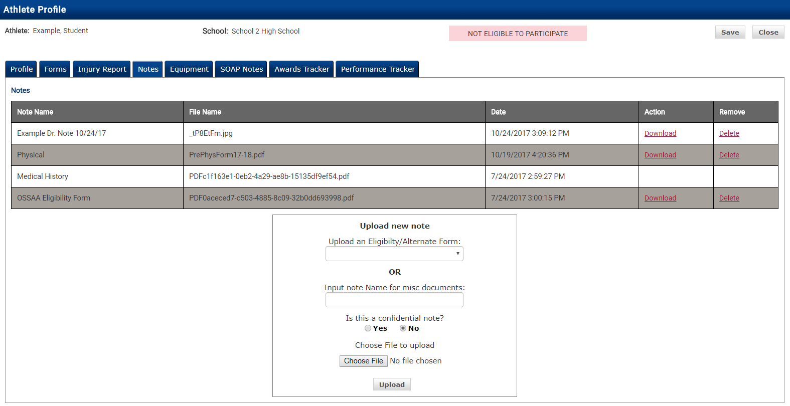 Notes tab showing the miscellaneous document added to the list