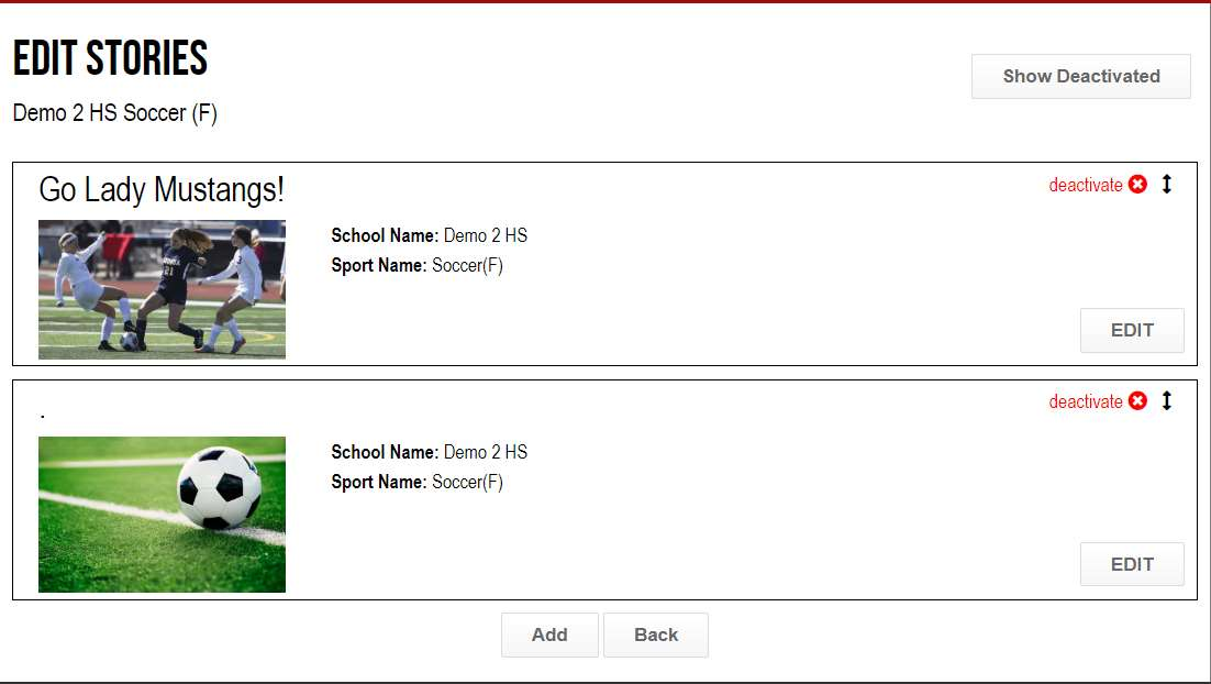 Edit Stories list with edit, deactivate, and reorder options