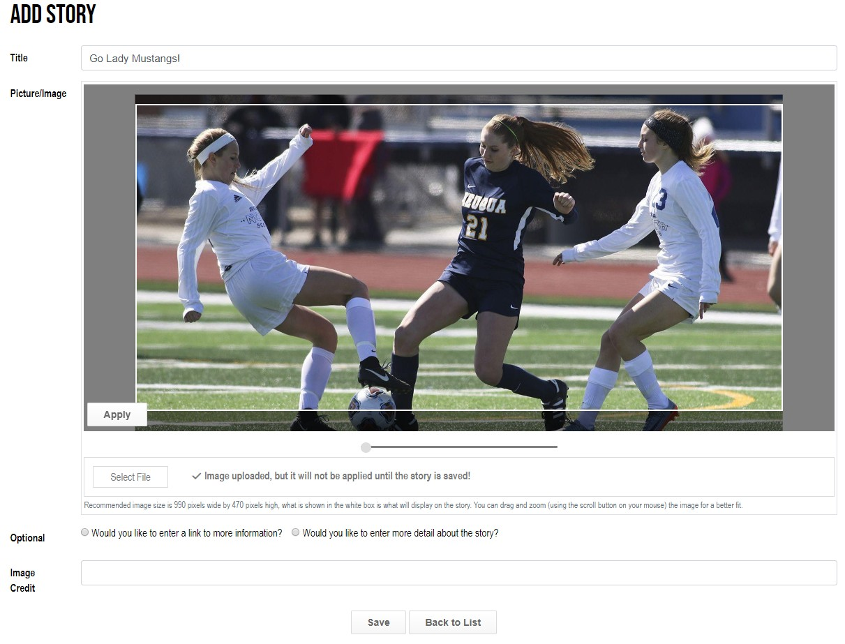 Add Story form with title, image upload, and options