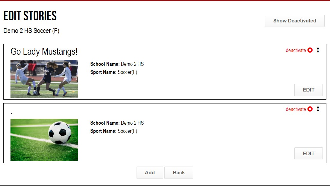 Edit Stories list with edit, deactivate, and reorder options