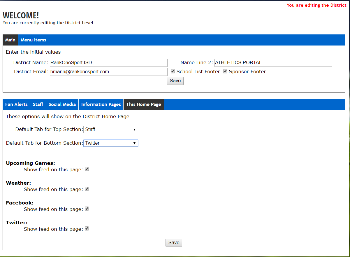 This Home Page tab showing Twitter activation checkbox and default tab dropdown