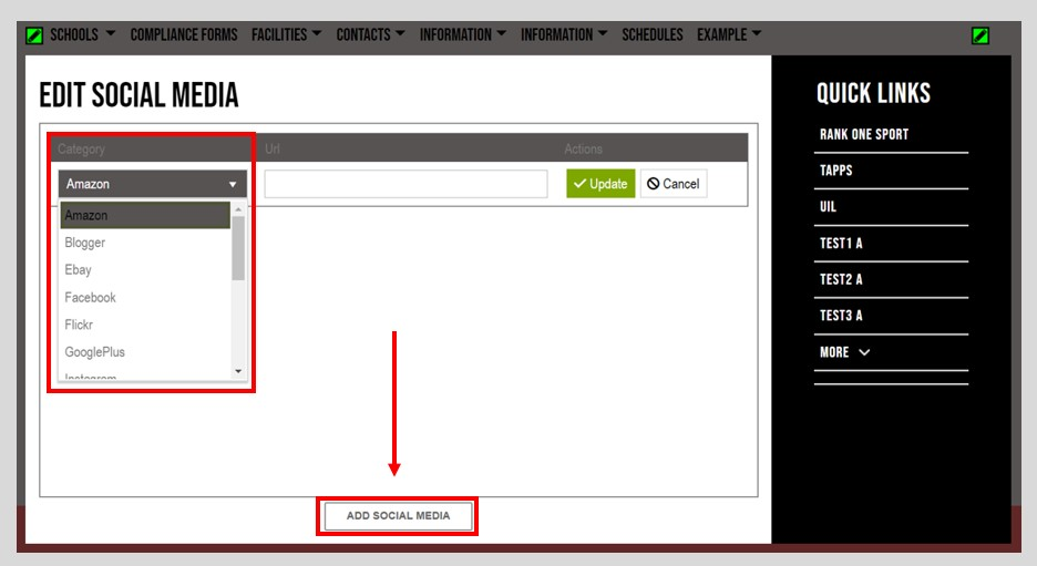 Edit Social Media page showing category dropdown with social media options