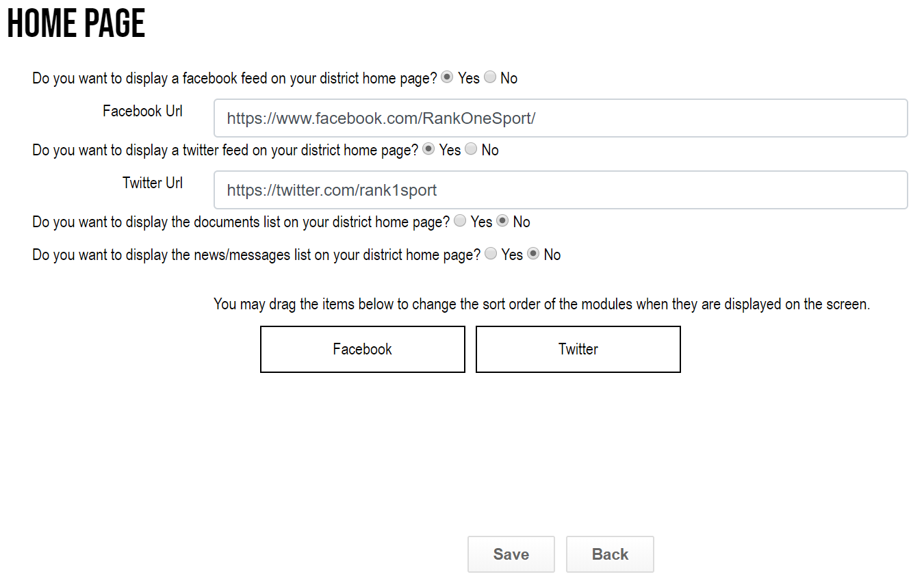 District homepage settings showing Facebook and Twitter URL fields