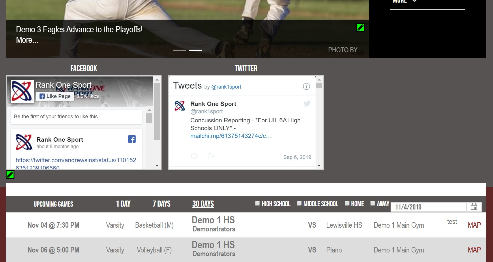 District homepage showing Facebook and Twitter feeds displayed
