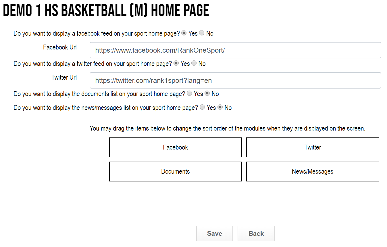 Sport page settings showing Facebook and Twitter URL fields
