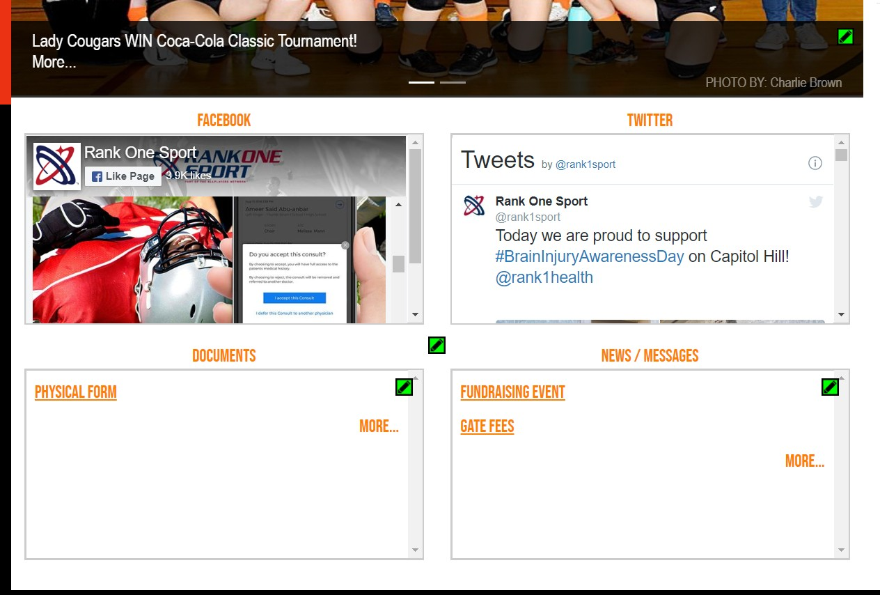 Sport page showing Facebook and Twitter feeds displayed