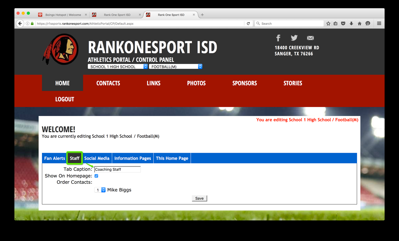 Staff tab settings showing Show on Homepage checkbox, Tab Caption field, and contact ordering