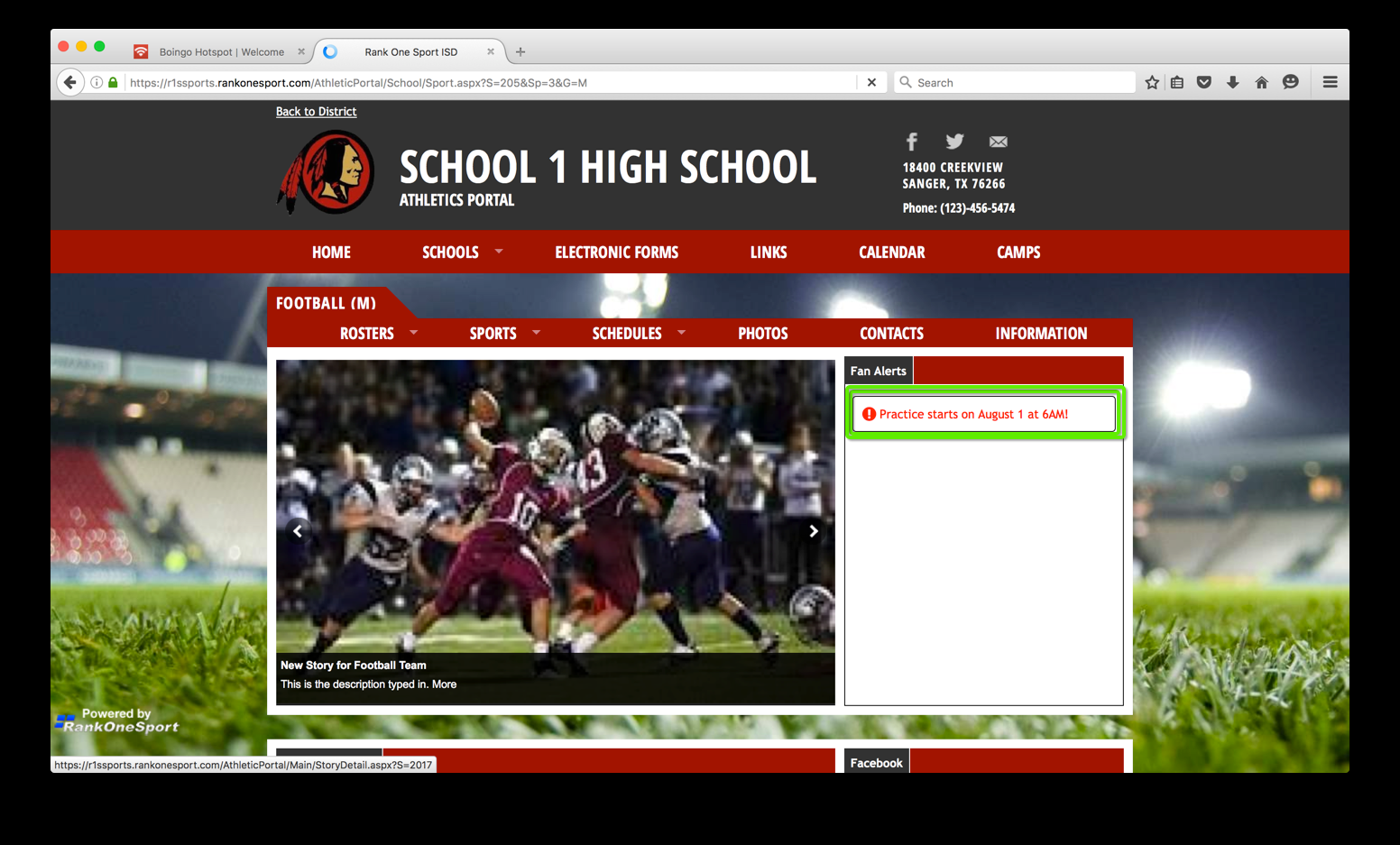 Fan Alert displayed on the web portal