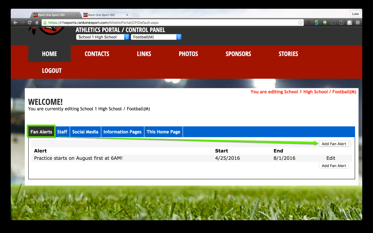 Fan Alerts tab with Add Fan Alert button