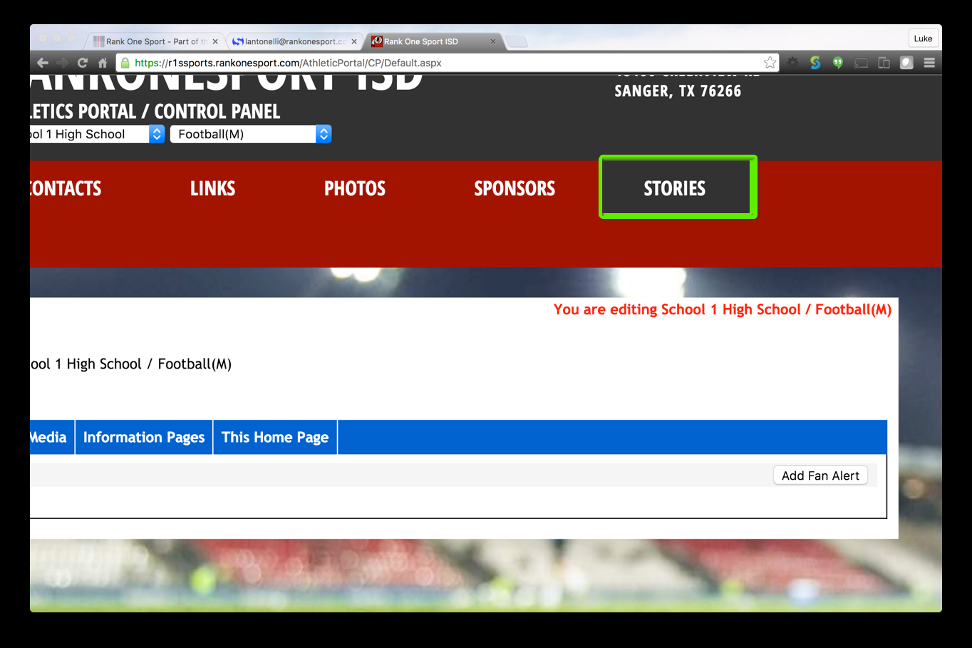 Stories tab highlighted in the control panel navigation