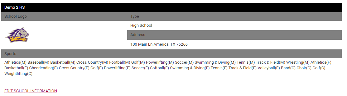 Edit School Information screen
