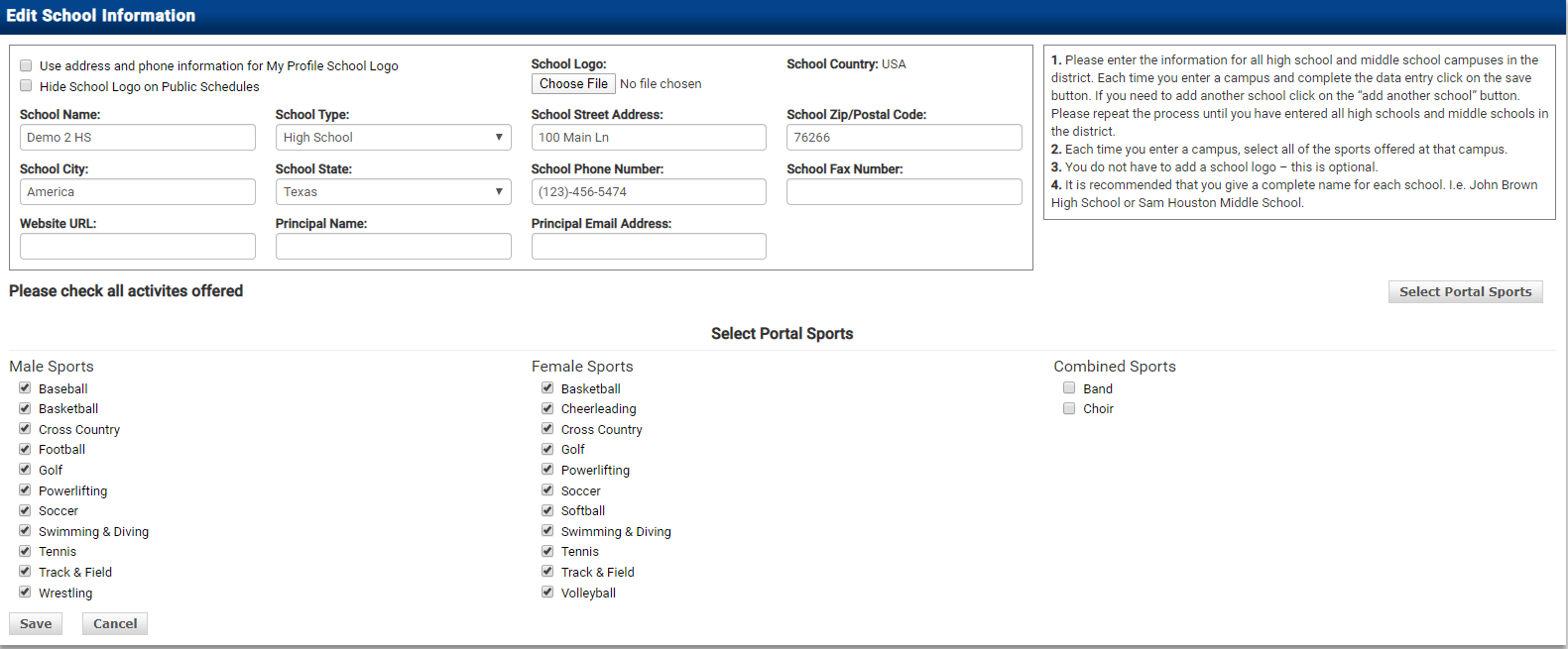 Uncheck activities from the portal sports list