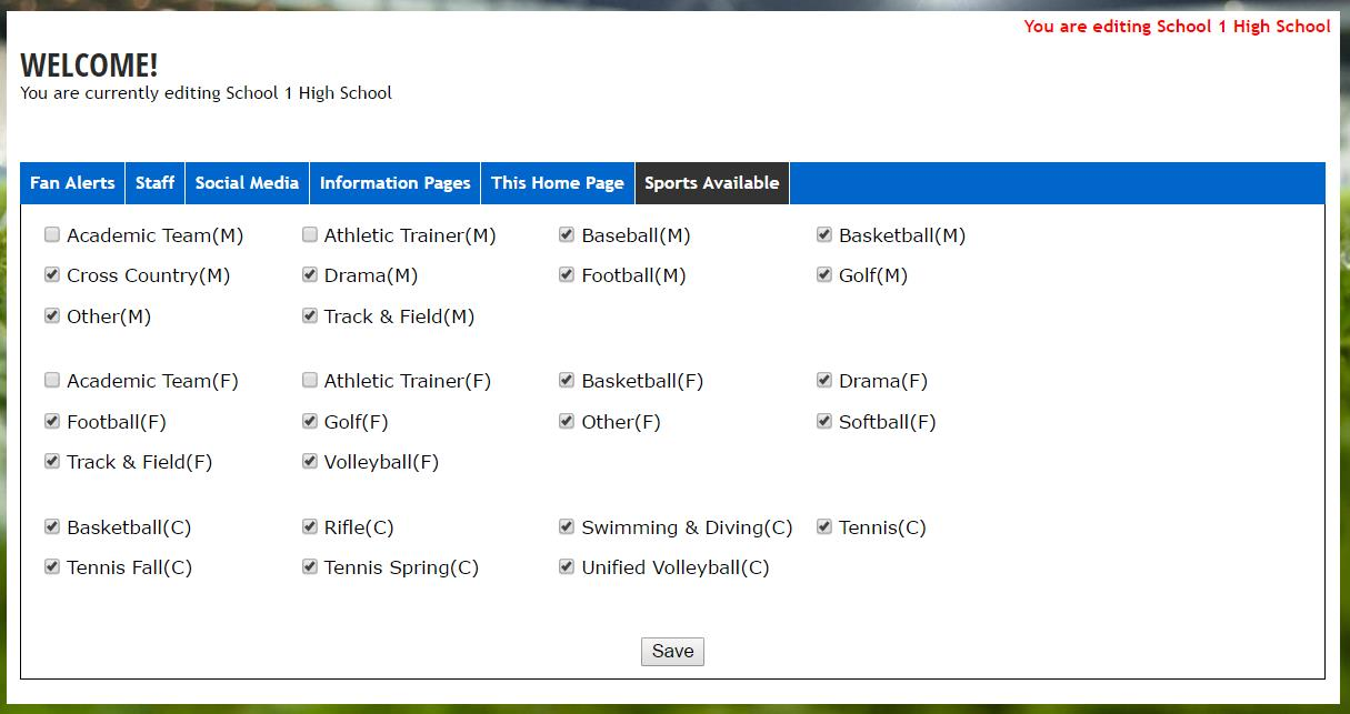 Sports Available list with checkboxes