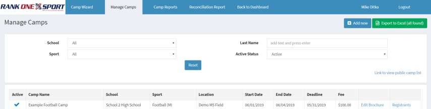 Manage Camps page showing the registration link