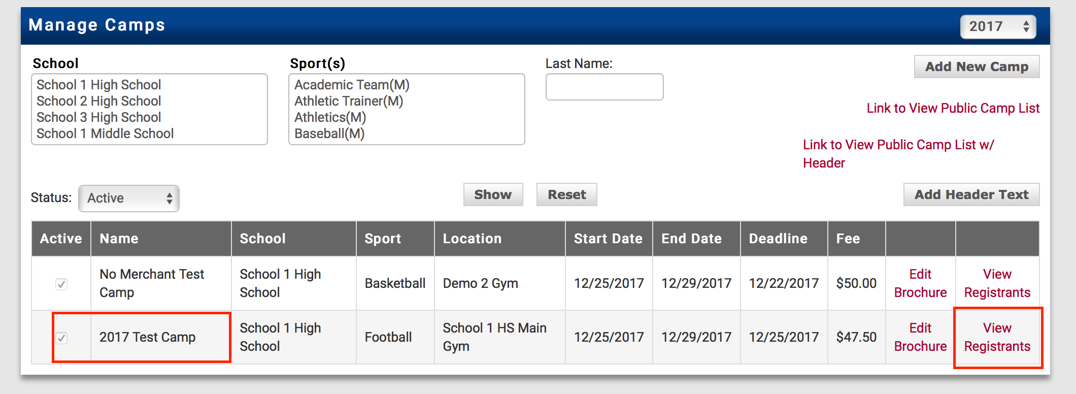 Manage Camps page with View Registrants button