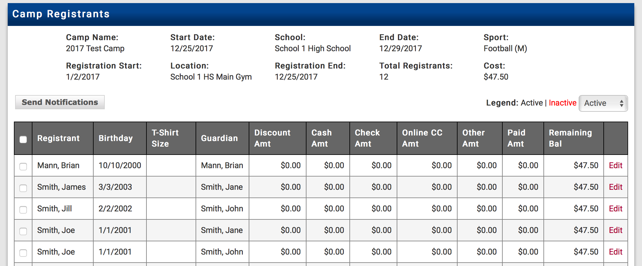 Registrant list with selection checkboxes