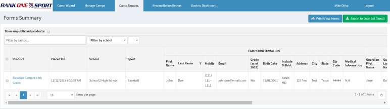 Camp Reports filter options