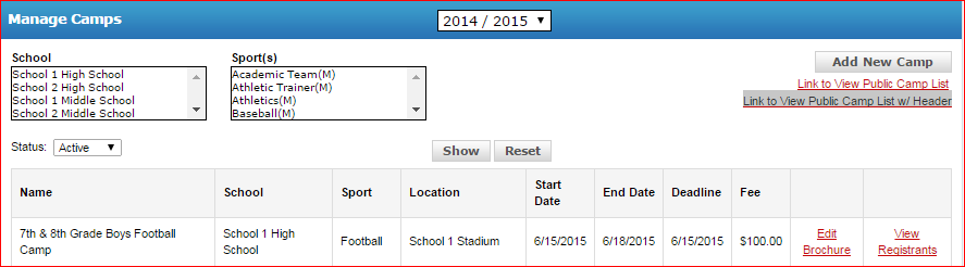 Manage Camps page with public link