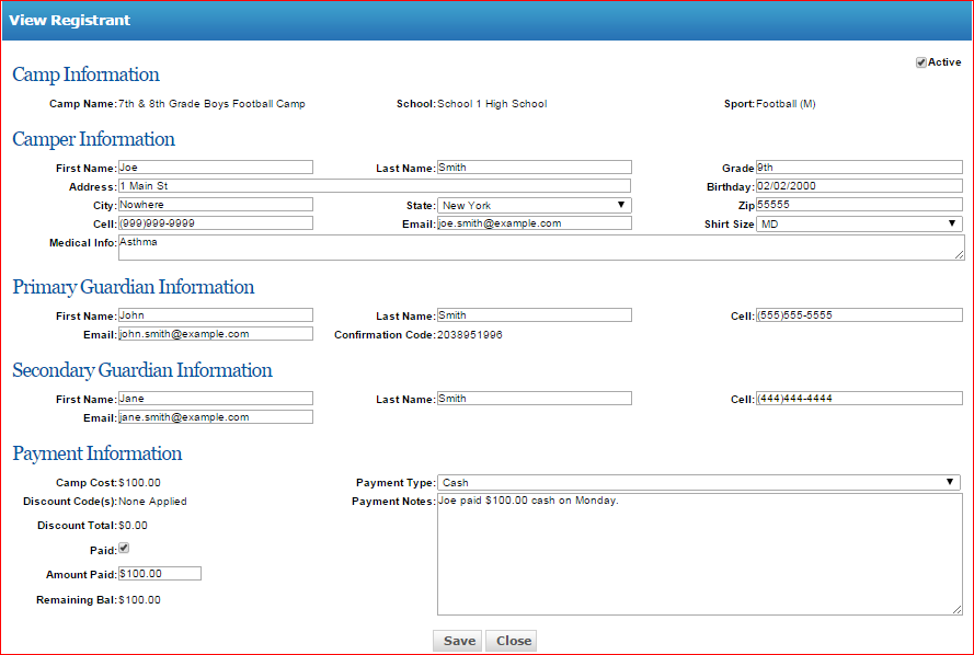 Registrant list with financial details