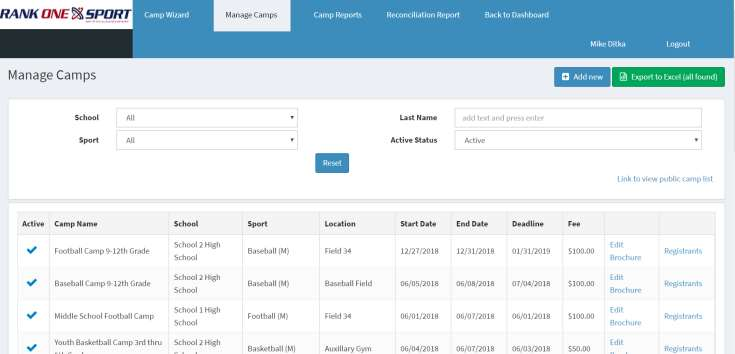 Manage Camps page with Edit Brochure button