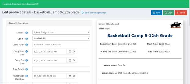 Manage Camps page showing the new copied camp