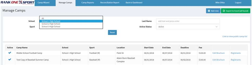 Sport filter drop-down menu