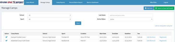 Manage Camps page showing the Registrants button highlighted