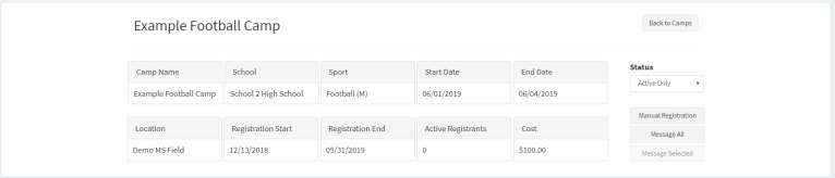 Camp details page with Manual Registration button highlighted