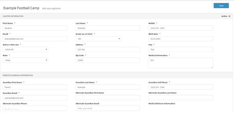 Registration form showing camper and guardian information fields
